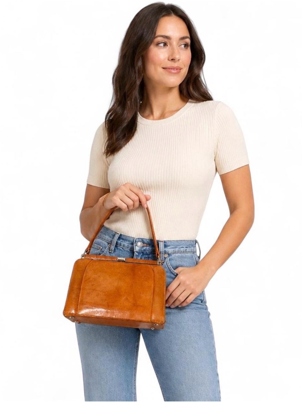 Vintage Stone Mountain Leather Top Handle Purse – Tan Brown Frame Bag